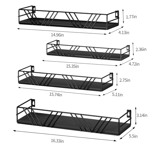 Amaoot Floating Shelves for Wall Set of 4, Different Sizes Mounted Wood Floating Shelf, Wall Shelves for Living Room,Bedroom, Bathroom, Kitchen, Farmhouse Decor, Office - color: Black