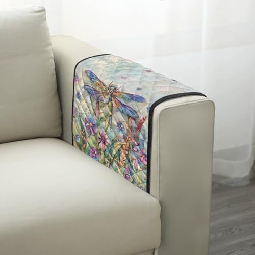 Dragonfly Daisy Print Couch Arm Covers with 2 Pocket Storage Water Resistant Sofa Chair Armrest Protector Stain Resistant Recliner Armrest Organizer for Dogs Cats Pet - color: Dragonfly Daisy