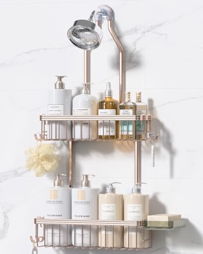 YASONIC Shower Caddy Hanging, Never Rust Shower Organizer Hanging, Aluminum Shower Racks for Inside Shower with Hooks for Razor, Bathroom Organizers and Storage with Soap Holder, Rose Gold - color: Rose Gold
