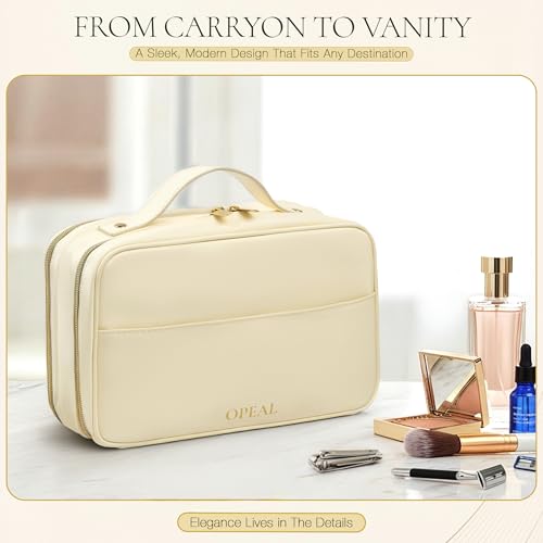 2-in-1 Travel Makeup and TSA Toiletry Organizer for Women – Flexible Compartments, Clear TSA Window, Wipe Clean Vegan Leather, Gift Box Included – Carry-On Approved, Cream - color: Cream Beige