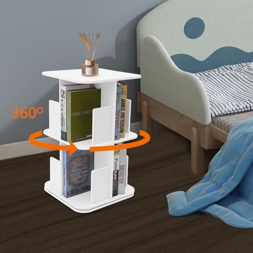 LYNICESHOP 2-Tier 360° Rotating Bookshelf, Compact Standing Bookcase, Small Corner Storage Solution (White) - color: White