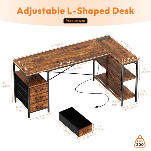 Alpen L Shaped Computer Desk, 55 Inch Corner Desk with Drawers and Power Outlets, Home Office Desk for Gaming, Study Writing PC Table with Storage and Reversible Shelf, Rustic Brown - color: Rustic Brown, size: 55 Inches