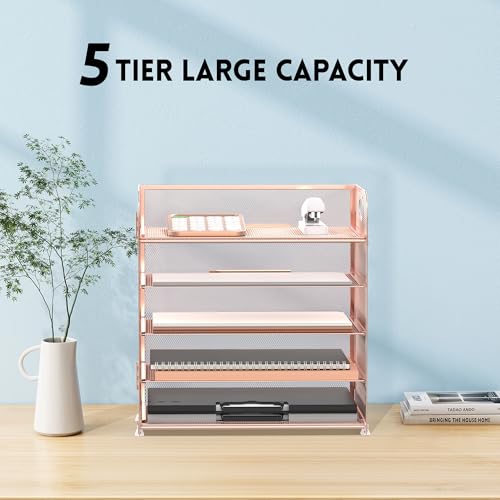 Supeasy 5 Trays Paper Organizer Letter Tray with Handle-Mesh Desk File Organizer, Paper Sorter Desk Organizer for Office, Home or School (Rose Gold) - color: Rose Gold