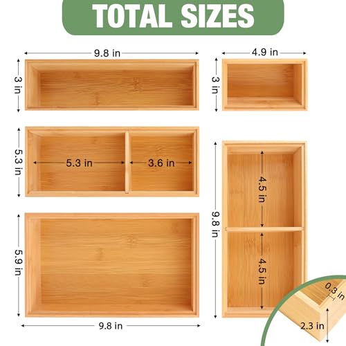 Bamboo Drawer Organizer,5 PCS Silverware Organizer & Kitchen Organizers and Storage,Utensil Drawer Organizer With Removable Dividers for Kitchen,Utensils,Bathroom,Office,Makeup(Natural) - color: Natural, size: 5PCS