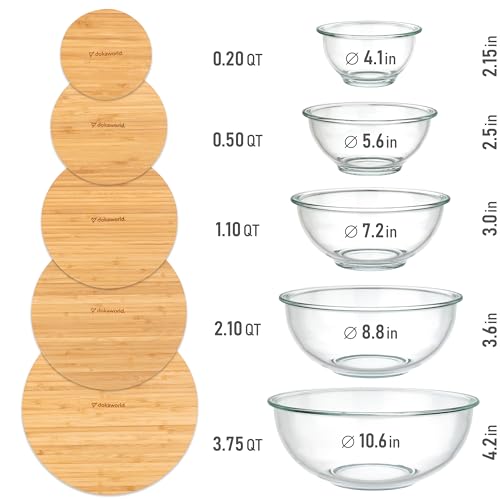 Stackable Space-Saving Set of 5 Nesting Glass Bowls with Bamboo Lids for Foodprep, Storage, Baking, Mixing & Cooking, Microwave & Oven Safe BPA Free Heat Resistant Inert Borosilicate Glass - color: 5 Mixing Bowls with Bamboo Lids