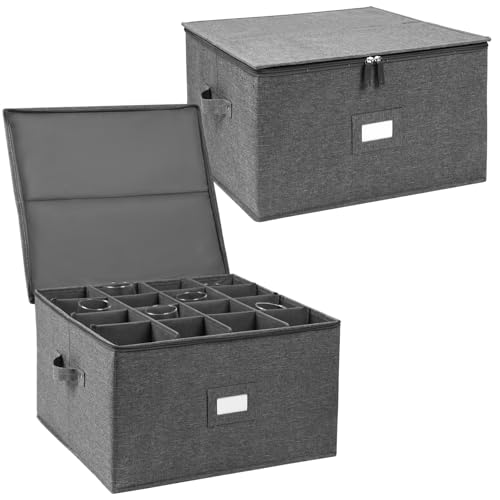 popoly Stemware Storage Cases 2 Pack, Wine Glass Storage Box Containers with Dividers for Glassware or Crystal, Holds 32 Red or White Wine Glasses, Hard Top and Stackable (Grey) - color: 16 Cell Grey 2PACK