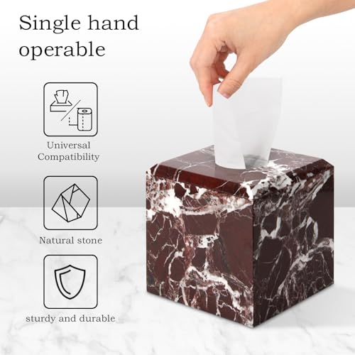 Natural Marble Square Tissue Box Cover ,Stone Modern Decorative Sturdy Napkin Box Holder Case,Facial Paper Organizer for Bathroom Vanity Toilet Countertop,Kitchen (1, Rosso Lepanto, 5.71*5.71*5.51) - color: Rosso Lepanto