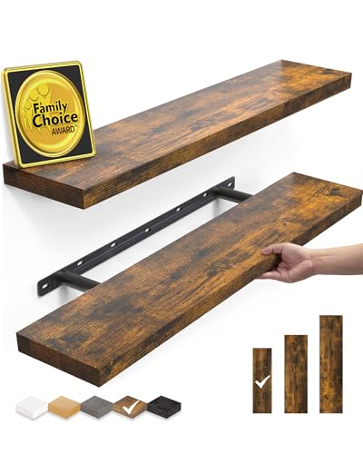 BAYKA Floating Shelves Set of 2, 22.5 inches Farmhouse Rustic Wood Wall Mounted Shelves for Bathroom, Bedroom, Living Room or Kitchen, Hanging Shelf Decor Book with 22lbs Capacity, Rustic Brown - color: B. Rustic Brown - Americana Farmhouse Style, size: 2