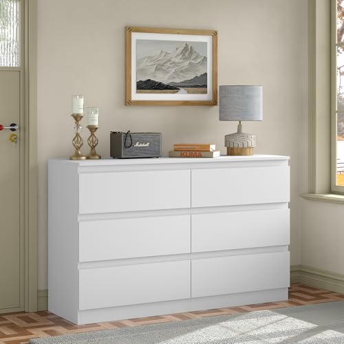 Furniouse Modern 6 Large Storage Drawers Dresser for Clothes Organizer, White Modern Chest of Drawers for Closet, 47" Long Drawer Organizer Cabinet for Bedroom, Living Room, Entryway, Hallway - size: 15"D x 47.3"W x 29.7"H (6 Drawers)