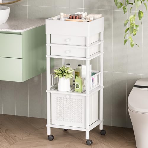 Amazer Bamboo Makeup Organizer Cart with 3 Drawers, Floor Skin Care Storage for Bathroom Bedroom, Rolling Vanity Organizer Cart for Cosmetic, Nail Polish, Perfume and Hair Tools, White - color: White