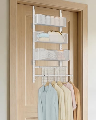 VyGrow Over the Door Storage Organizer with 3 Tier Mesh Baskets 2 Hanging Rods, 2 Mounting Options, Heavy Duty Clothes Hanger & Towel Rack for Bathroom Bedroom Office, White - color: White