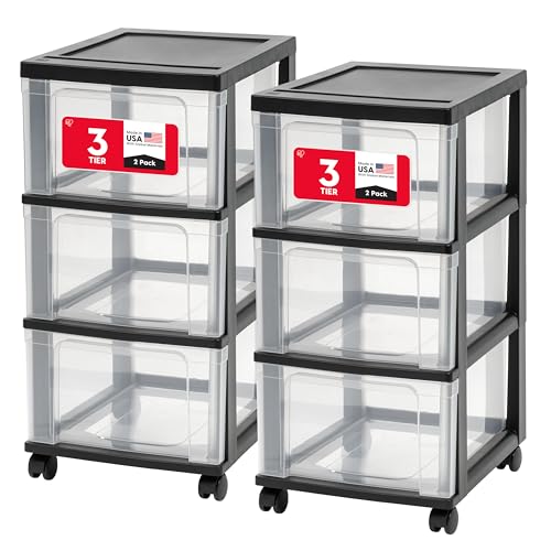 IRIS USA Plastic 3-Drawer Storage Organizer Rolling Cart, with Wheels Casters, 2-Pack, for Classroom Art Supplies Bathroom Dorm Bedroom Laundry Room, Slim Narrow, Black/Clear - color: Black