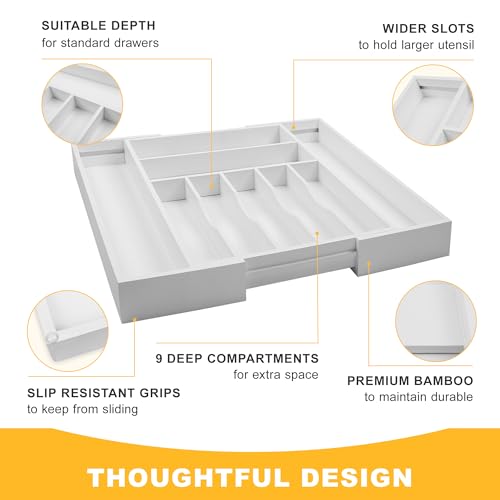 Large Premium Bamboo Silverware Organizer - Expandable Drawer Organizer & Utensil Organizer - 17"x19.7" Cutlery Tray with Dividers for Kitchen Utensils and Flatware (7-9 Slots) (White) - color: White, size: 9 Slots Expandable