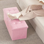 HAUSFRAU 31.5 Inches Ottoman with Storage Bench, Folding Ottoman Bench Small Foot Rest Stool, Bedroom Bench with Flipping Lid, Faux Leather Pink - color: Pink, size: 13"D x 31.5"W x 13"H