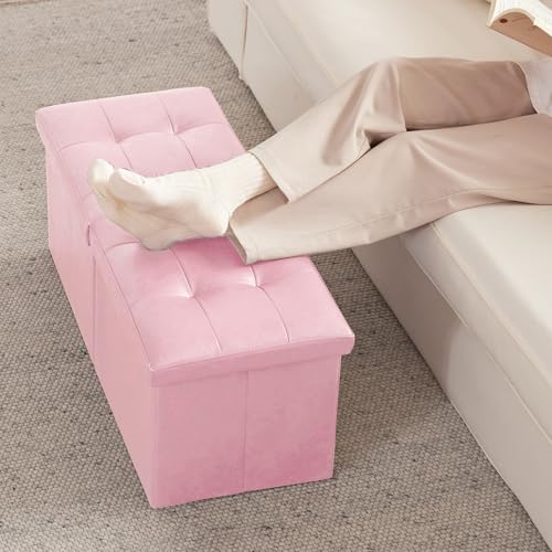 HAUSFRAU 31.5 Inches Ottoman with Storage Bench, Folding Ottoman Bench Small Foot Rest Stool, Bedroom Bench with Flipping Lid, Faux Leather Pink - color: Pink, size: 13"D x 31.5"W x 13"H