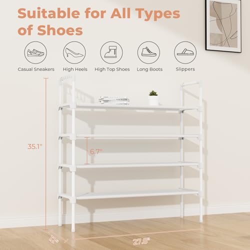 LANTEFUL 4 Tier Shoe Rack for Closet Shoe Organizer with 5 Hooks, Long Shoe Shelf Storage for Shoe and Boot Stackable Free Standing Shoe Rack for Entryway, Garage, Small Spaces, Dorm, White - color: White, size: 27.8"W - 4 Tier