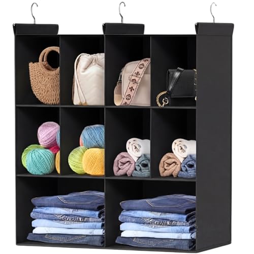 Ofiray-home 3 Tier Hanging Closet Organizer, 10 Compartments Sweater Organizer for Closet with 3 Sturdy Hooks, Closet Organizers and Storage, Wardrobe, Rv, Garment Rack, Black - color: Black, size: 3-Tier
