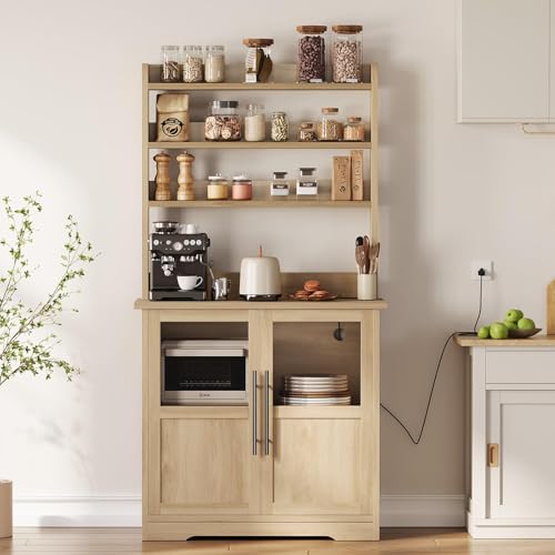 IDEALHOUSE Bakers Rack with Storage Cabinet, Microwave Stand with Power Outlets, Farmhouse Bakers Rack with Thick Table Top, Small Kitchen Bakers Rack for Kitchen,Dining Room,Peer Wood - color: Peer Wood, size: with 2 Glass Door