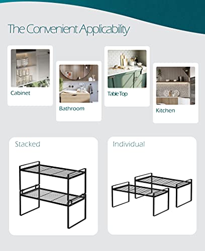 Shantton 2Pack Cabinet Shelf Organizer Storage Rack Space Saving for Kitchen Counter Pantry Bathroom Cupboard Under Sink Office Table Desk Steel Stackable Rust Resistant Heavy Duty Nonslip 16” Black - color: Black, size: L16" W8.3" H7.3"