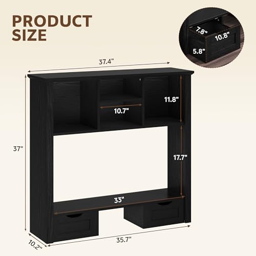 Desk Shelf with Computer Monitor Stand, 37.4''W Desktop Bookshelf Display Rack, Desktop Organizer Storage Rack with Cubbies & Drawers, 5-Tier Hutch for Home, Office, Dorm, Vanity, Black - color: Black, size: 37.4''W with Monitor Stand