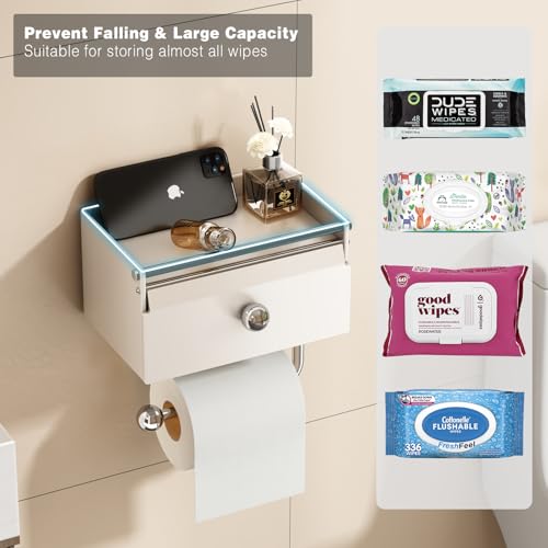 Voldra Toilet Paper Holder with Shelf, Flushable Wipes Dispenser for Bathroom, Adhesive Toilet Paper Roll Holder with Storage Wall Mount Stick On Bathroom Tissue Holder Front Flip Design (Matte White) - color: White, size: Wipes Box