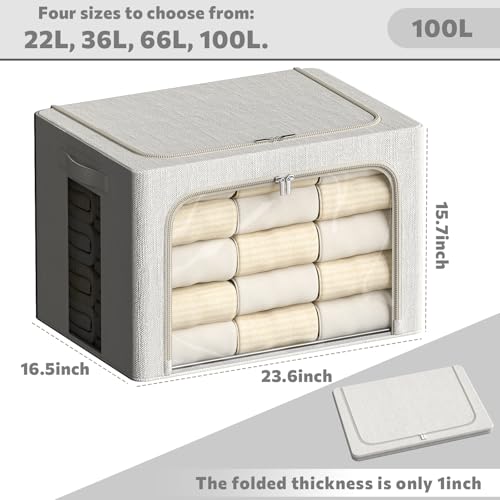 FHSQX 6 Pack Clothes Storage Bins with Metal Frame 100L Foldable Storage Bins for Clothes Linen Fabric Storage Box with Clear Window (Lvory White, 23.6x16.5x15.7inch(100L)) - color: Lvory White, size: 23.6x16.5x15.7inch(100L)