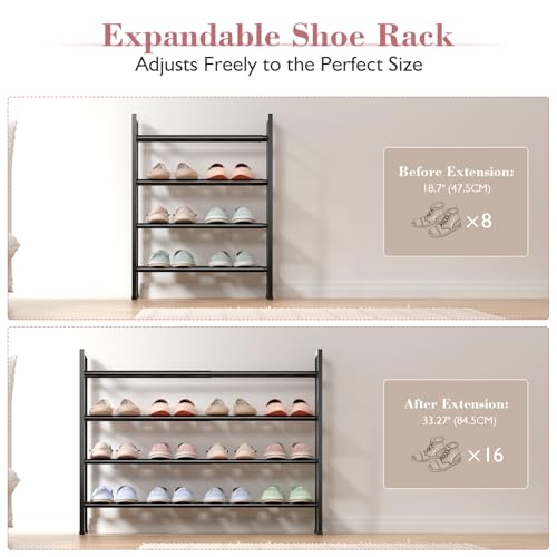 Bumusty 4-Tier Expandable Shoe Rack for Closet, 18“-33” Adjustable Shoe Rack for Small Space, Small Shoe Organizer for Front Door, Sturdy Metal, Black - color: Black, size: 4-Tier