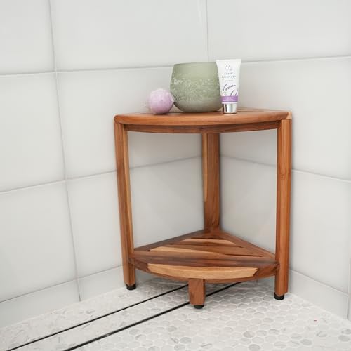 EcoDecors Fully Assembled SnazzyCorner® 18" Teak Shower Bench, Corner Shower Stool, w Shelf, Plus Loveable Teak Oil Spray Bottle 24 oz, Loveable Teak Cleaner 32 oz, Space Saver Corner be - size: 2 Tier FULLY ASSEMBLED + Teak Oil & Spray