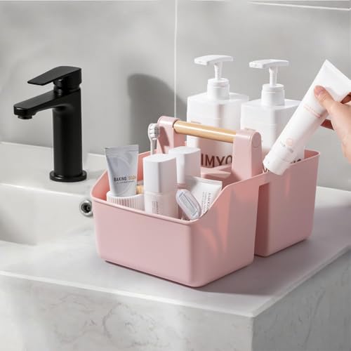 rejomiik Portable Shower Caddy Basket with Bamboo Handle, Plastic Cleaning Caddy Bathroom Organizer Tote for College Dorm Essentials, Bath Toy Storage, Pink - color: Pink