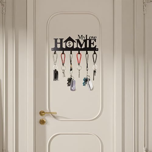 Key Holder Wall Mounted with Screws and Anchors, Black Multifunctional Key Hanger with 6 Hooks, Entryway Front Door Kitchen Hallway Garage Office - color: Home-4 Black