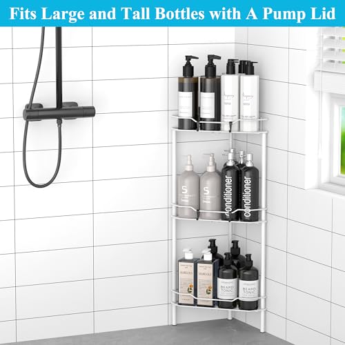 HuggieGems 3 Tier Floor Standing Corner Shower Caddy Organizer Shelf with Hooks, Bathroom Shelves Stand Rack, White - color: White, size: 3 Tier