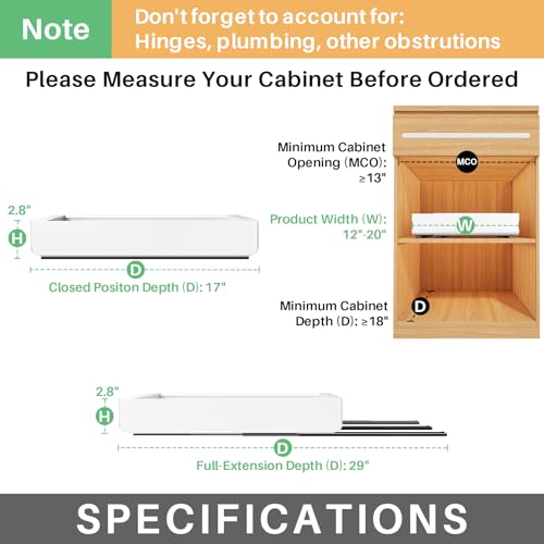 Pull out Cabinet Organizer, Expandable(12"-20") Heavy Duty Slide out Drawers Fixed with Adhesive Nano Film for Pots, Roll out Shelf Storage for Kitchen Base Cabinet, Pantry, Bathroom Cupboard - color: White, size: 17"D×12"-20"W(1 Pack)