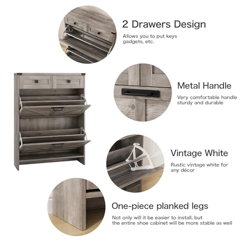 Halitaa Shoe Cabinet with 2 Flip Drawers & 2 Drawers,Farmhouse Shoe Storage Cabinet for Entryway,Slim Freestanding Narrow Organizer Rack for Front Door Entrance,Grey - color: Grey, style: 2-Drawers
