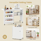 Giantex Folding Sewing Table with Charging Station, Rolling Craft Table with Storage Trays & Shelf, Foldable Sewing Machine Cabinet Desk with Lockable Wheels for Small Spaces (White) - color: White