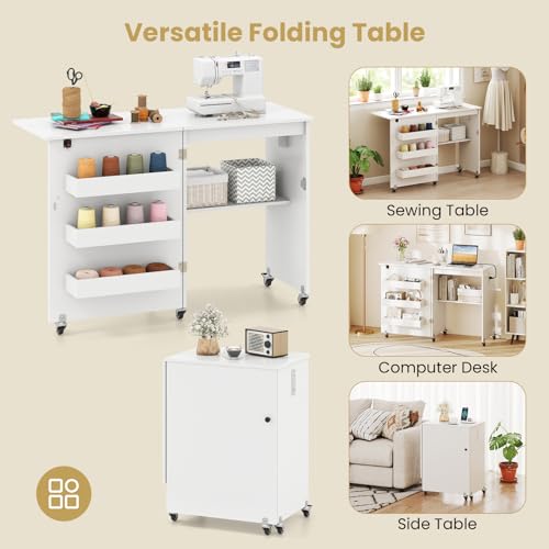 Giantex Folding Sewing Table with Charging Station, Rolling Craft Table with Storage Trays & Shelf, Foldable Sewing Machine Cabinet Desk with Lockable Wheels for Small Spaces (White) - color: White