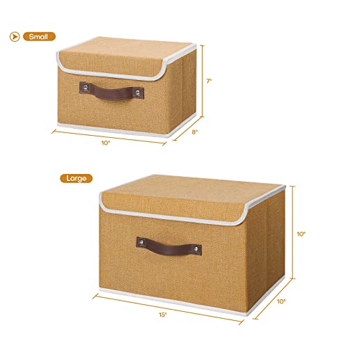 ANMINY Storage Bin with Lid Storage Boxes with PU Leather Handles PP Plastic Board Decorative Foldable Lidded Cotton Linen Fabric Home Cubes Baskets Closet Organizer Container - Khaki, Small Size - color: Khaki, size: Small (Pack of 1)