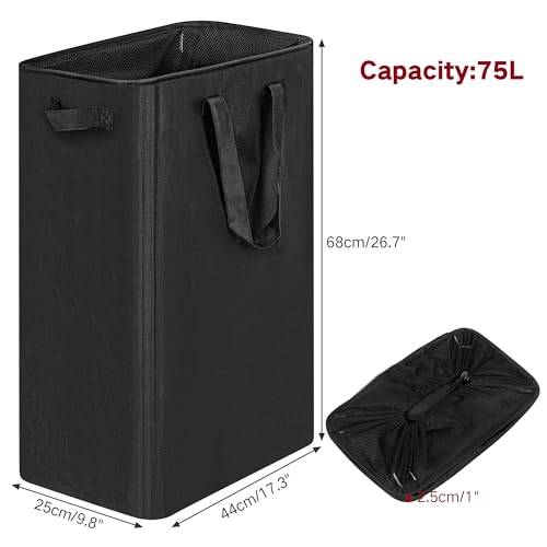 efluky Slim Laundry Basket, Narrow Laundry Hamper with Handles, Collapsible Dirty Clothes Hamper, Tall Laundry Bin for Laundry Room, Dorm and Bedroom, 19.8 Gallon(75L) Black - color: Black, size: 75L without Lid