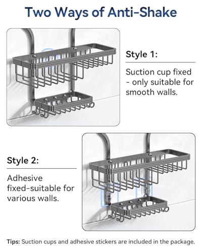 YASONIC Shower Caddy Hanging - Never Rust Organizer - Aluminum over The head caddy with 10 Hooks for Razor/Sponge - Shower Rack with Soap Basket - Grey - color: Grey