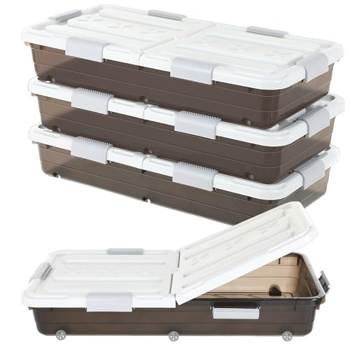 Beeveer 4 Pcs Plastic Under Bed Storage Container with Double Opening Lid Wheel Handle, Transparent Large Capacity Stackable Latching Festival Storage Bin for Closet Bedroom, 31.5x15.8x5.2 In(Brown) - color: Brown