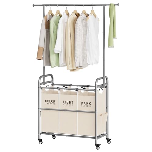 Tajsoon Laundry Hamper with Hanging Rack, 3 Section Laundry Sorter with Heavy Duty Lockable Wheels, Laundry Basket Organizer for Dirty Clothes Storage, 3 Beige - color: Beige, size: 3 bag