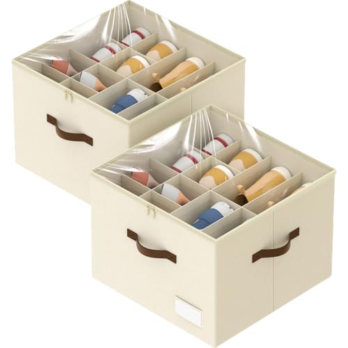 Shoe Organizer for Closet, 2 Pack Shoe Organizer with Clear Cover, Closet Shoe Storage Containers w/Adjustable Dividers, Foldable Storage Bins for Shoes, Fits 16-32 Pairs, Beige - color: 2Pack Beige