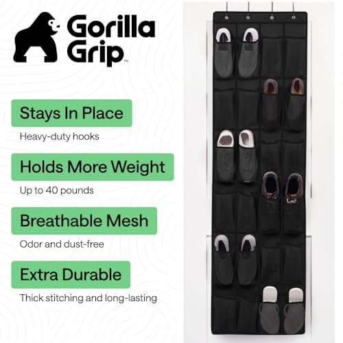 GORILLA GRIP Over the Door Shoe Organizer, 24 Large Breathable Mesh Pockets, Space Saving Hanging Storage Holder, Closet Rack Hanger Holds Up to 40 lbs, Hangs on Closets for Shoes, Accessories, Black - color: Black, size: 24 Pockets/4 Hooks