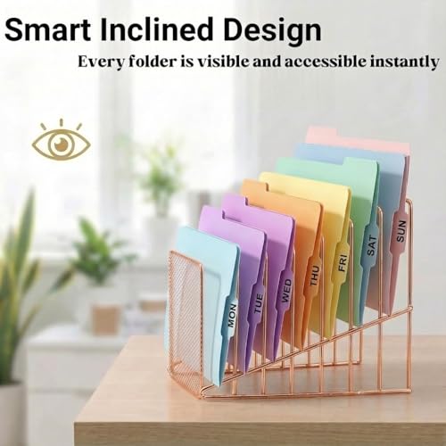 Simmer Stone 2 Pcs Incline File Sorter, 7 Slot Magazine Holder for Letter, Document, Folder and Book, Metal Desktop Organizer Rack for Home, School and Office (2-rose gold) - color: 2-rose gold