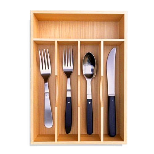 guiogc Bamboo Kitchen Drawer Silverware Organizer, 9 Inch Silverware Utensils Tray Holder for Small Drawer, Cutlery Tray, Wood Caddy for Flatware Cutlery Knives 5-Slots - size: 9" Wx13"d (5-slots)