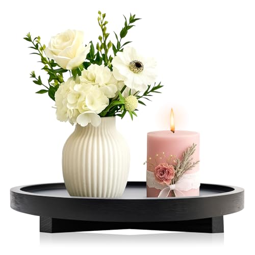 Large Decorative Wooden Tray for Kitchen Counter Bathroom Sink Vanity Trays Round Wood Riser Candle Pedestal Stand for Perfume Soap Tray Round Dining Coffee Table Modern Farmhouse Decor Tray - color: Black, size: 12 Inch