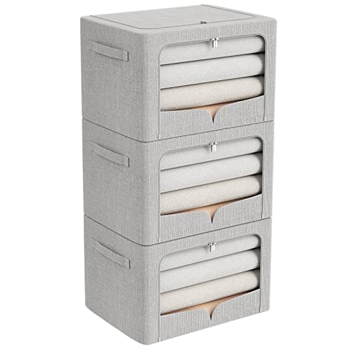 FHSQX 3 Pack Clothes Storage Bins - Foldable Metal Frame Storage Box - Stackable Linen Fabric Container Organizer Set with Carrying Handles and Clear Window (Light Gray, 19.7x15.7x13inch(66L)) - color: Light Gray, size: 19.7x15.7x13inch(66L)