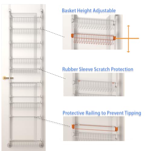 White Over the Door Pantry Organizer 8 Tier, Adjustable Basket Pantry Door Organizer and Storage, Heavy Duty Metal Kitchen Hanging Spice Rack (D5xW19xH50 Inches) - color: White