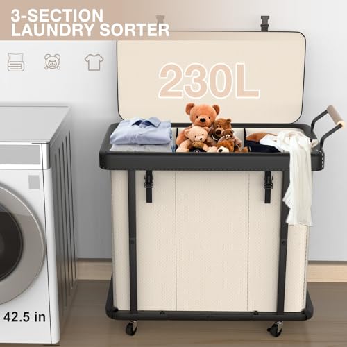 60 Gal (230L) Laundry Hamper 3 Section with Lid, Leather Patchwork Laundry Sorter with Rolling Lockable Wheels and Handle, Laundry Basket Organizer for Laundry Room, Bedroom and Bathroom - Beige - color: Beige-3 Section, size: 3 Section