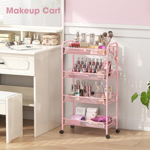 TOOLF 4 Tier Rolling Utility Cart - Durable Metal Design Pink Utility Cart, Storage Trolley on Wheels with 3 Hooks, Perfect for Kitchen, Bathroom & Laundry Room Organization - color: Pink, size: 4-Tier