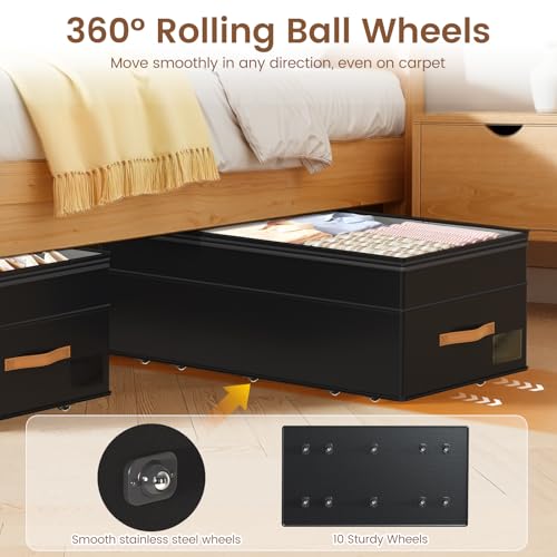 Under Bed Storage with Wheels, 2-Pack Underbed Storage Containers, No Assemble 11 inches 90L XXL Large Adjustable Storage Bins with Clear Lids, Rolling Storage for Clothes, Shoes, Blankets, Black - color: Black